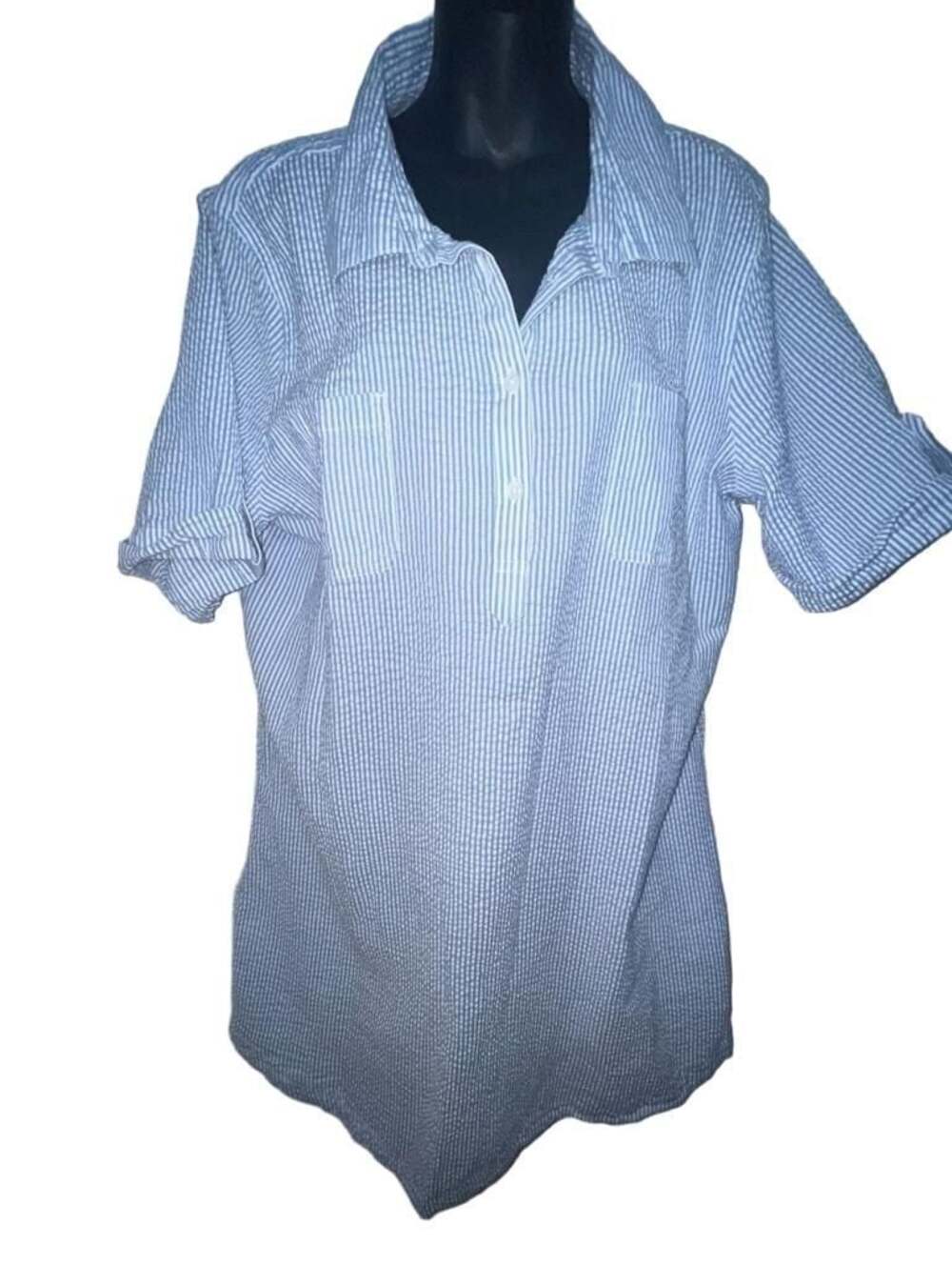 Karen Scott Blue and White Coastal Searsucker Button-Down Shirt Dress Size XXL